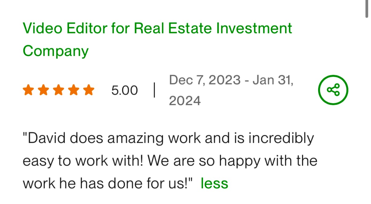 Upwork review — Video Editor for Real Estate Investment Company