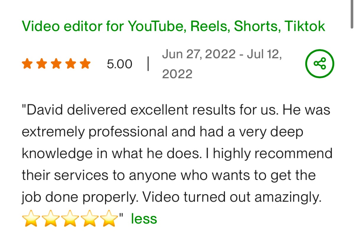 Upwork review — Video editor for YouTube, Reels, Shorts, Tiktok